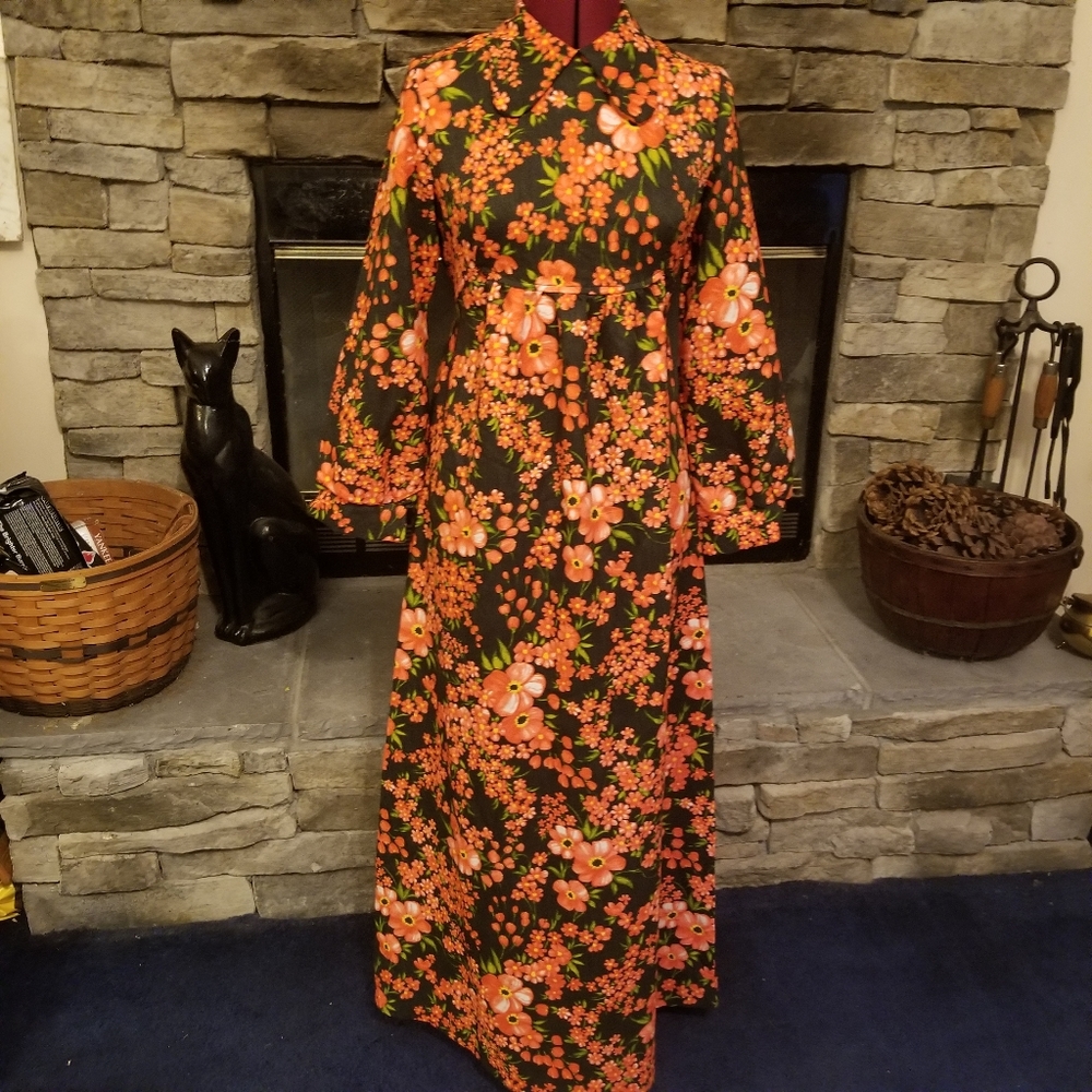 Vintage Floral Orange and Green Dress